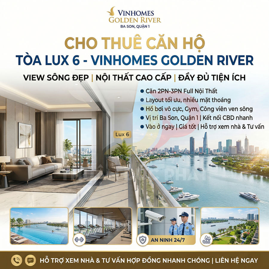 Cho thuê căn hộ cao cấp tòa Lux 6 Vinhomes Golden River view sông, nội thất đầy đủ, tiện ích hồ bơi gym an ninh 24/7