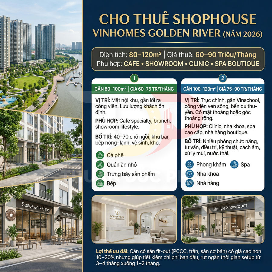 Cho thuê shophouse Vinhomes Golden River năm 2026, diện tích 80–120m2 phù hợp mở cafe, showroom, clinic, spa