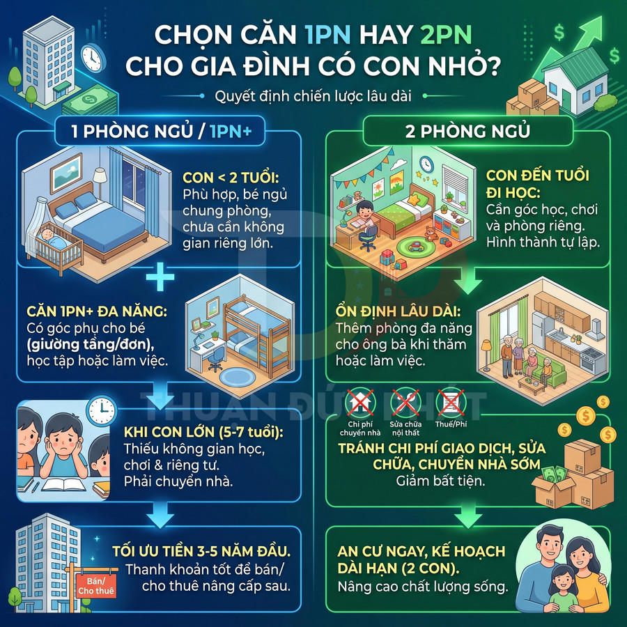 Infographic so sánh căn hộ 1 phòng ngủ và 2 phòng ngủ cho gia đình có con nhỏ, ưu nhược điểm và kế hoạch an cư