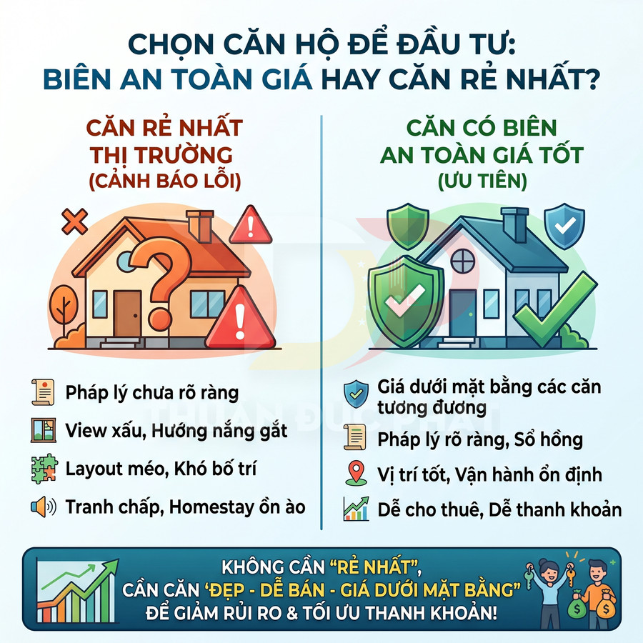 Infographic so sánh căn hộ rẻ nhất thị trường và căn hộ có biên an toàn giá tốt khi đầu tư bất động sản