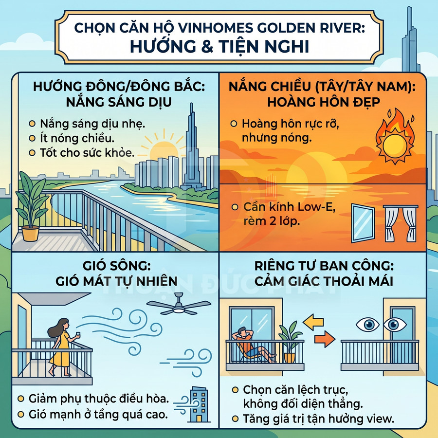 Infographic chọn căn hộ Vinhomes Golden River theo hướng nắng, gió sông và sự riêng tư ban công