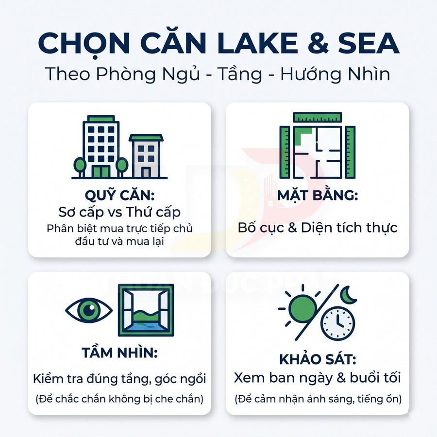 Infographic hướng dẫn chọn căn hộ lake và sea theo quỹ căn, mặt bằng, tầm nhìn và khảo sát ban ngày, buổi tối