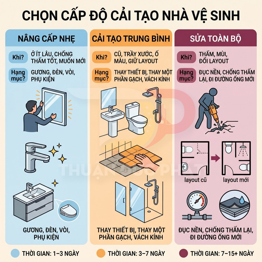 Các cấp độ cải tạo nhà vệ sinh từ nâng cấp nhẹ, cải tạo trung bình đến sửa toàn bộ và thời gian thực hiện