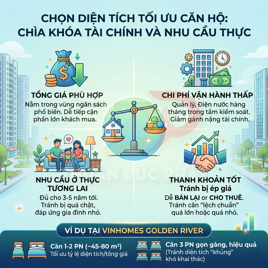 Infographic chọn diện tích tối ưu căn hộ Vinhomes Golden River với lợi ích tài chính và nhu cầu ở thực