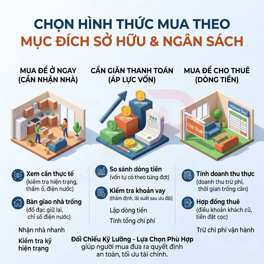 Hướng dẫn chọn hình thức mua bất động sản để ở, giãn thanh toán hoặc cho thuê dựa trên mục đích và ngân sách