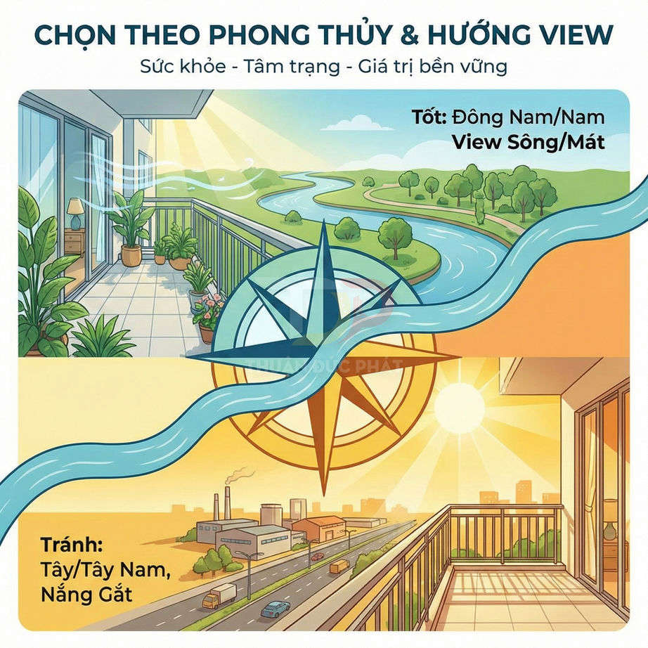 Minh họa ban công căn hộ theo phong thủy, so sánh hướng view sông mát mẻ với hướng Tây nắng gắt gần đường lớn