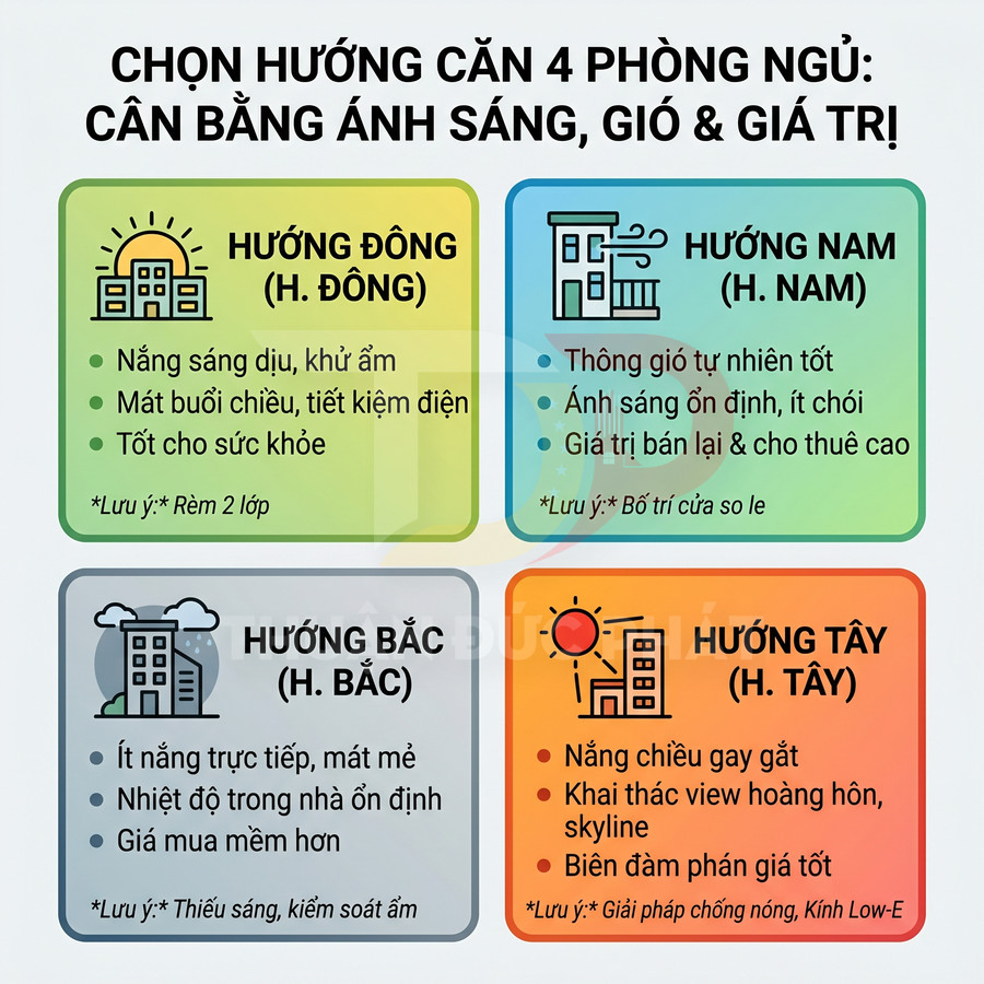 Infographic so sánh ưu nhược điểm chọn hướng căn hộ 4 phòng ngủ Đông Tây Nam Bắc theo ánh sáng và giá trị