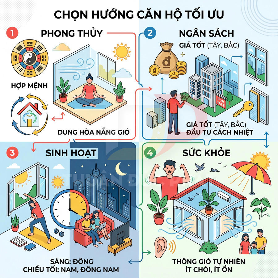 Infographic hướng dẫn chọn hướng căn hộ tối ưu theo phong thủy, ngân sách, sinh hoạt và sức khỏe