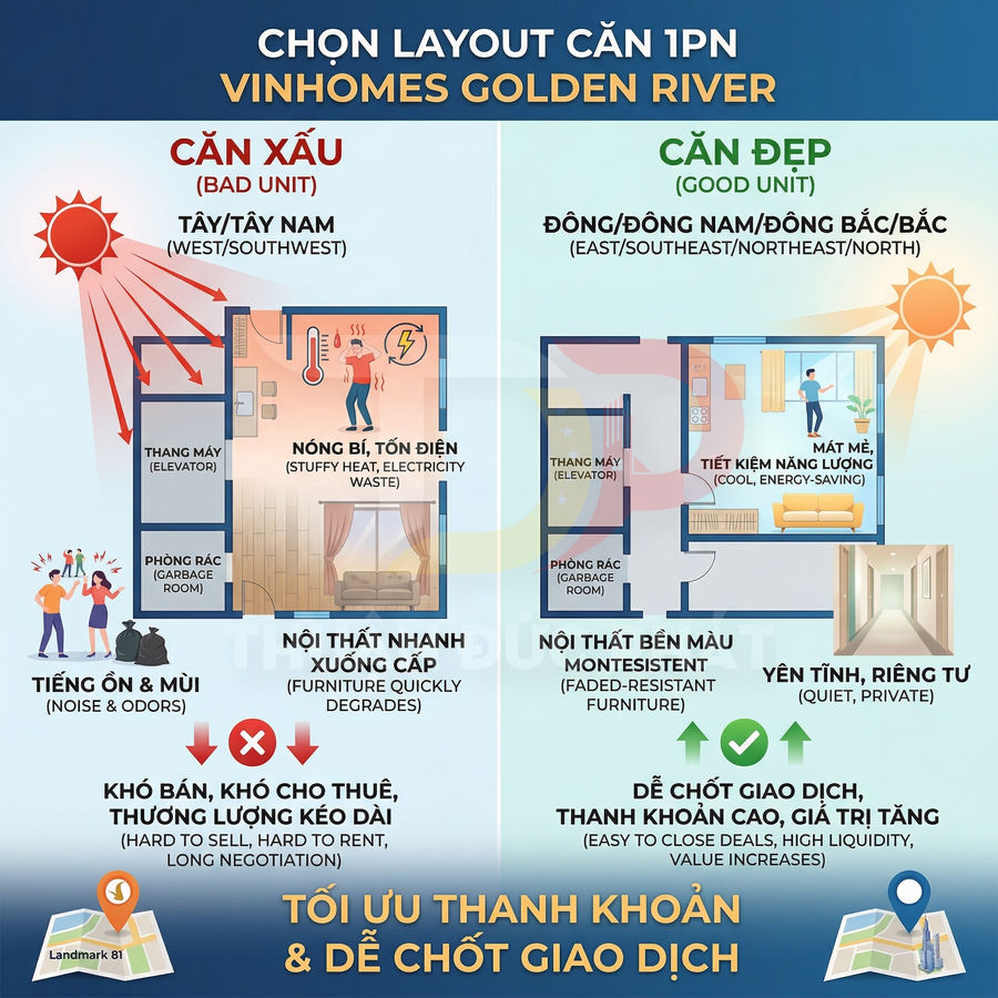 Infographic so sánh layout căn hộ 1PN xấu và đẹp tại Vinhomes Golden River theo hướng nắng và tiện ích