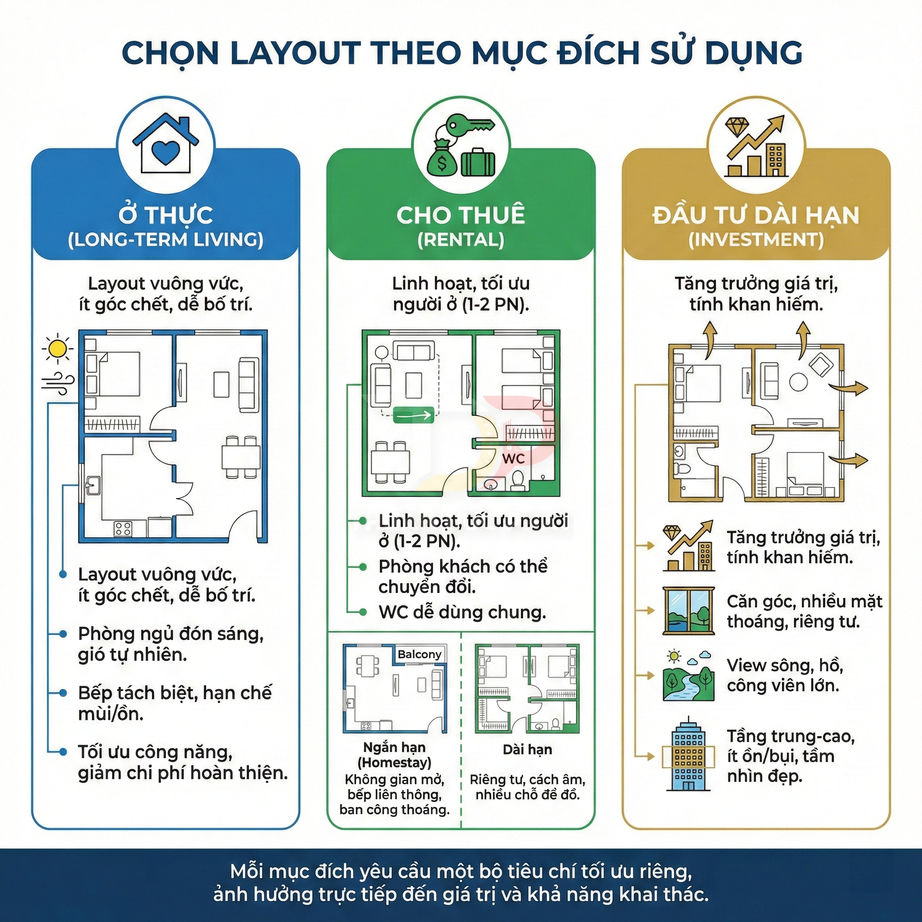 Infographic so sánh các layout căn hộ cho ở thực, cho thuê và đầu tư dài hạn với sơ đồ mặt bằng minh họa