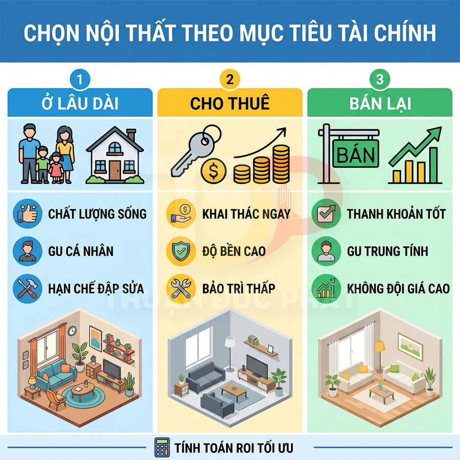 Infographic chọn nội thất theo mục tiêu tài chính ở lâu dài cho thuê và bán lại với các tiêu chí lợi ích khác nhau