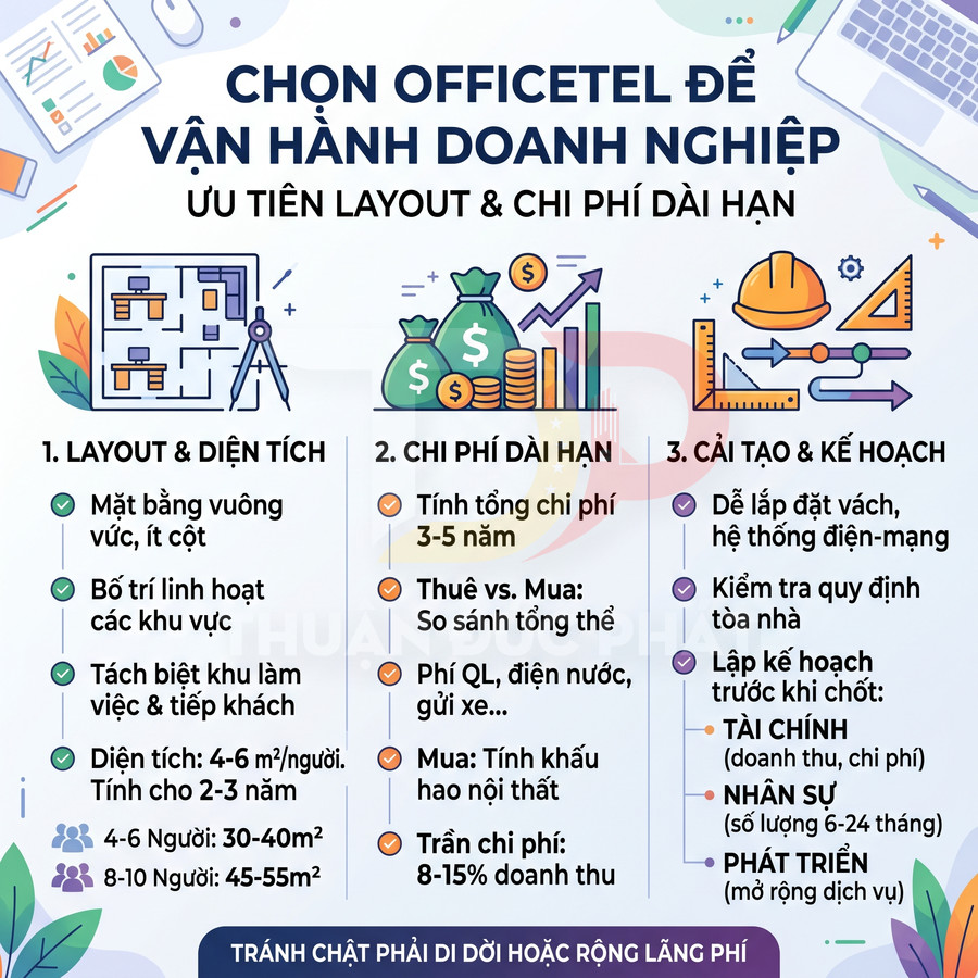 Infographic hướng dẫn chọn officetel vận hành doanh nghiệp với tiêu chí layout, chi phí dài hạn và cải tạo kế hoạch