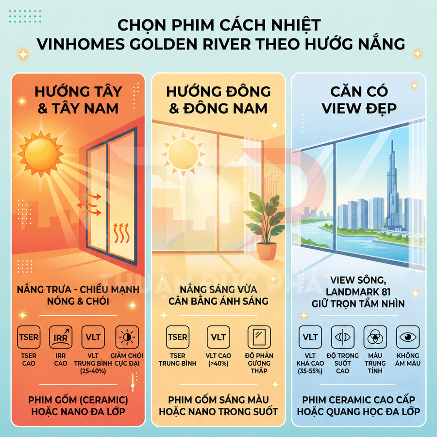 Infographic chọn phim cách nhiệt cho căn hộ Vinhomes Golden River theo hướng nắng và nhu cầu view đẹp