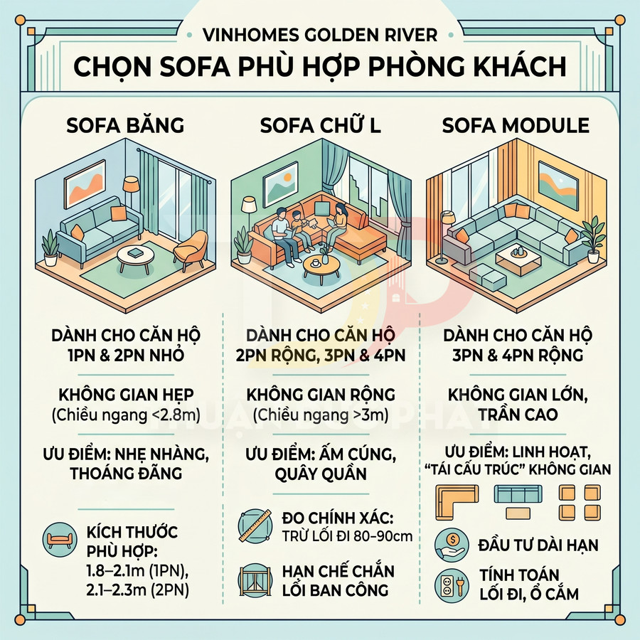 Infographic hướng dẫn chọn sofa băng, sofa chữ L và sofa module cho phòng khách căn hộ Vinhomes Golden River