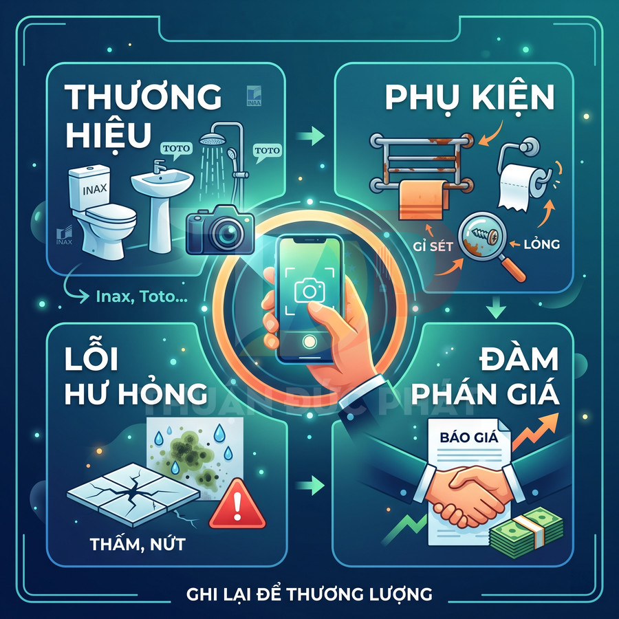 Chụp ảnh thiết bị vệ sinh Inax Toto và phụ kiện hư hỏng để ghi nhận lỗi và đàm phán báo giá sửa chữa