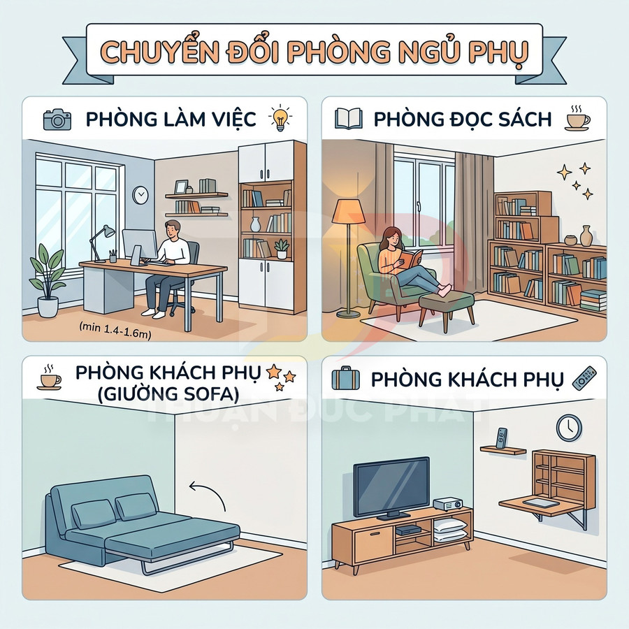 Minh họa ý tưởng chuyển đổi phòng ngủ phụ thành phòng làm việc, phòng đọc sách và phòng khách phụ đa năng