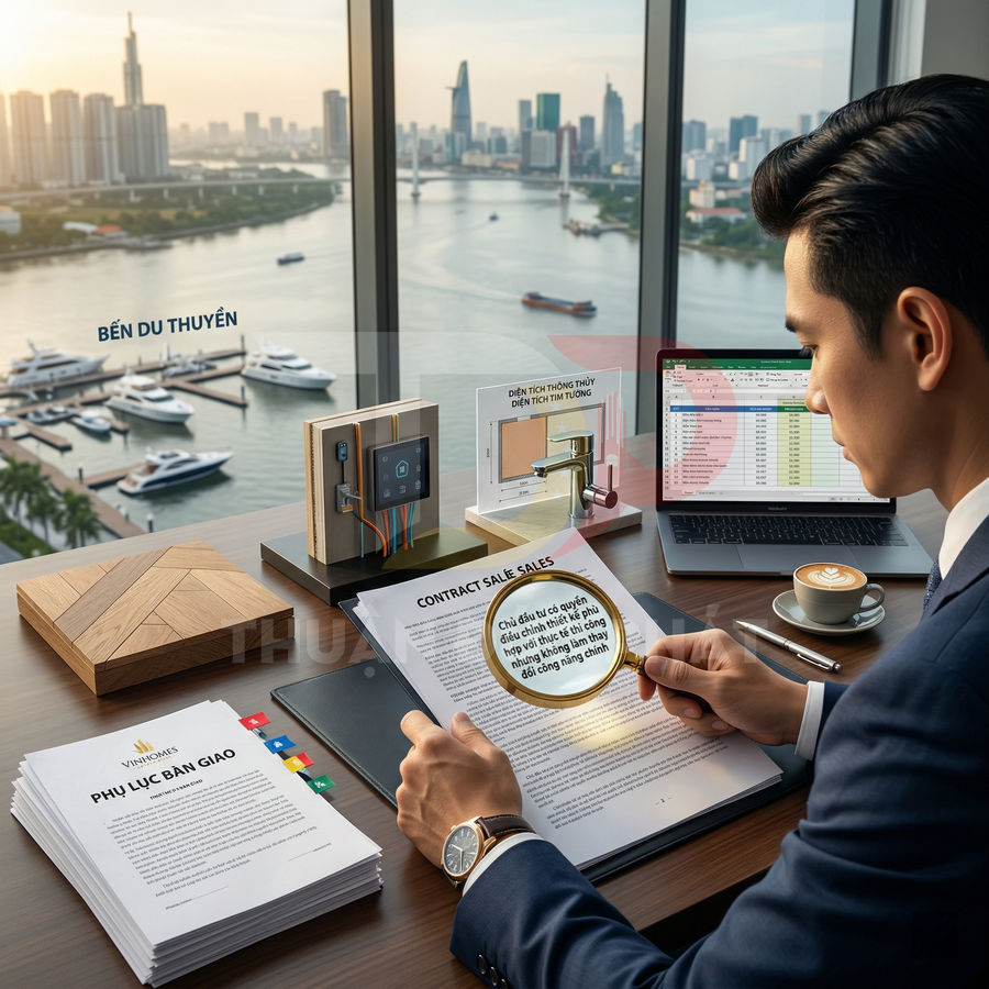 Nhân viên kinh doanh bất động sản xem hợp đồng mua bán căn hộ tại bàn làm việc nhìn ra bến du thuyền