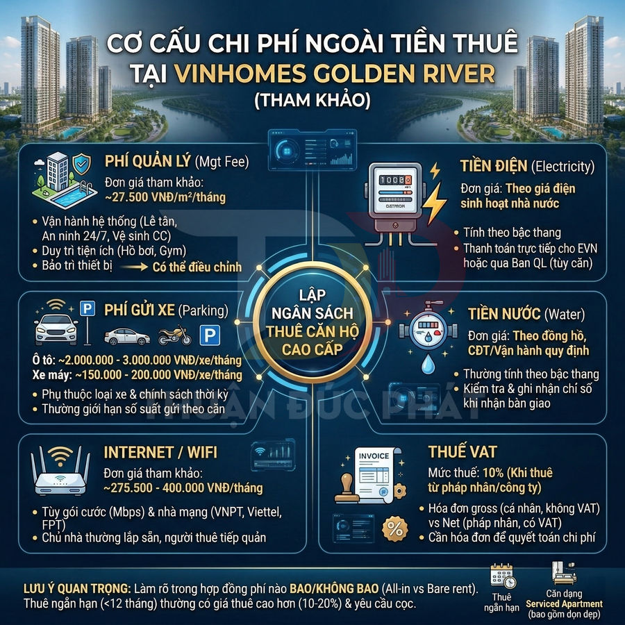 Infographic cơ cấu chi phí ngoài tiền thuê căn hộ cao cấp tại Vinhomes Golden River
