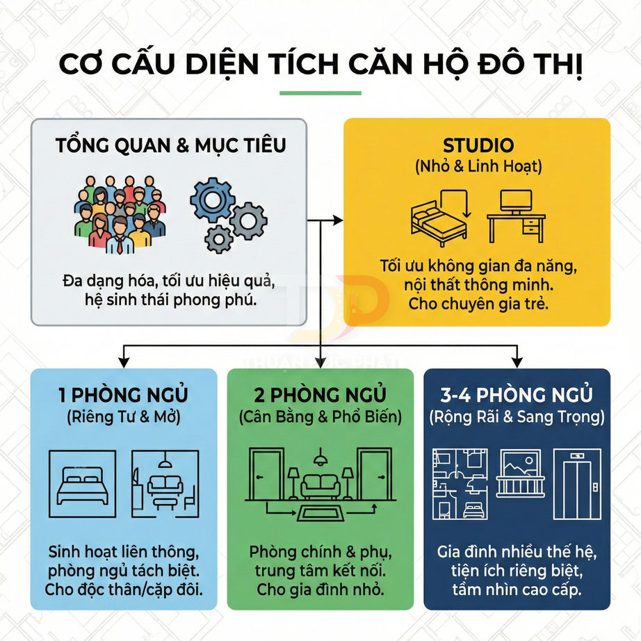 Infographic cơ cấu diện tích căn hộ đô thị với các loại studio, 1 phòng ngủ, 2 phòng ngủ, 3-4 phòng ngủ