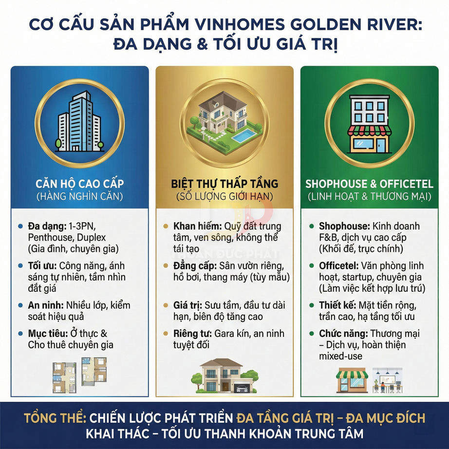 Infographic cơ cấu sản phẩm bất động sản Vinhomes Golden River với căn hộ cao cấp, biệt thự thấp tầng, shophouse và officetel