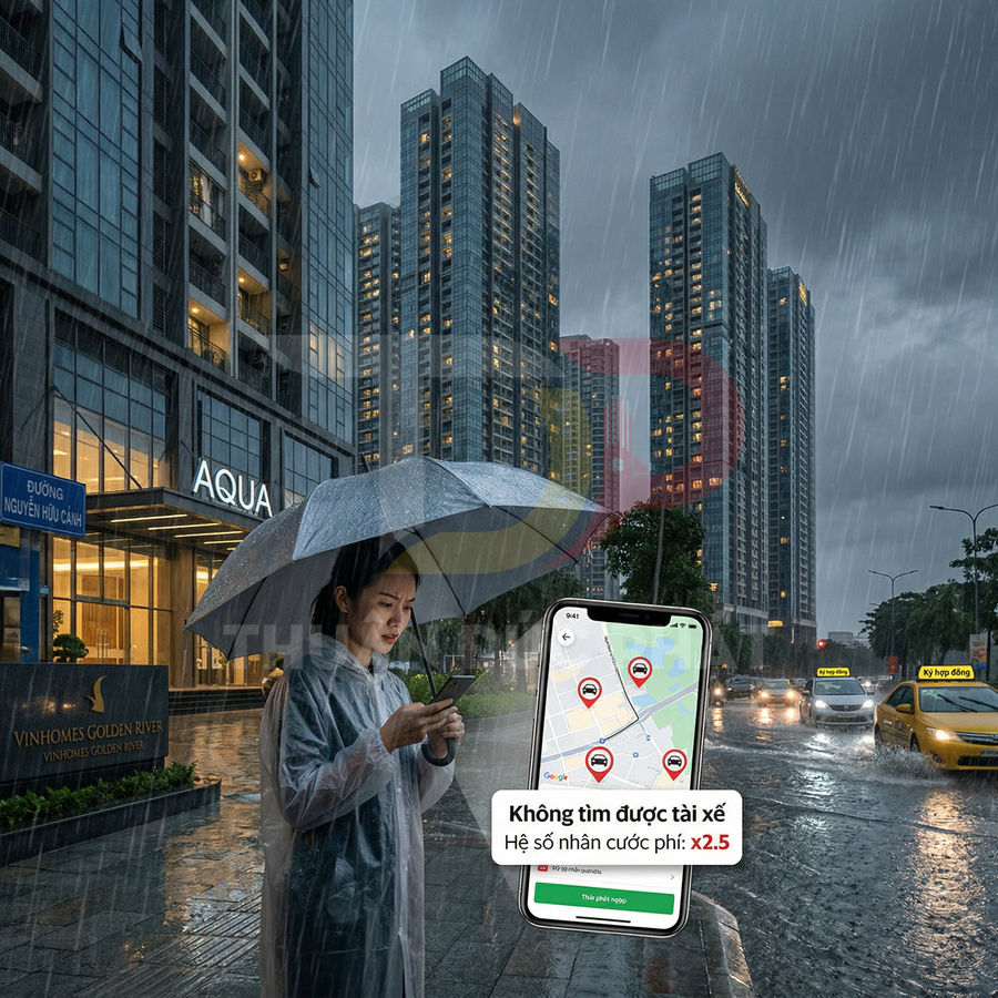 Điện thoại thông minh hiển thị ứng dụng gọi xe báo không tìm được tài xế trong trời mưa lớn trên phố