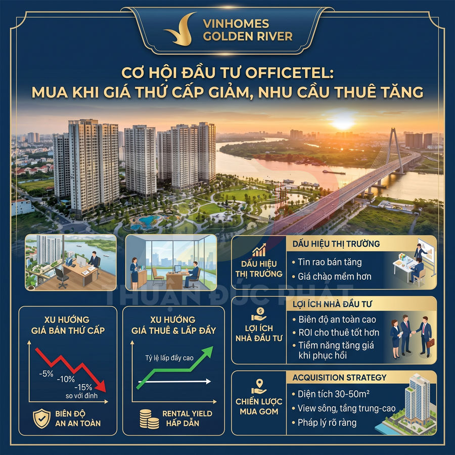 Infographic cơ hội đầu tư officetel Vinhomes Golden River với xu hướng giá bán giảm, nhu cầu thuê tăng