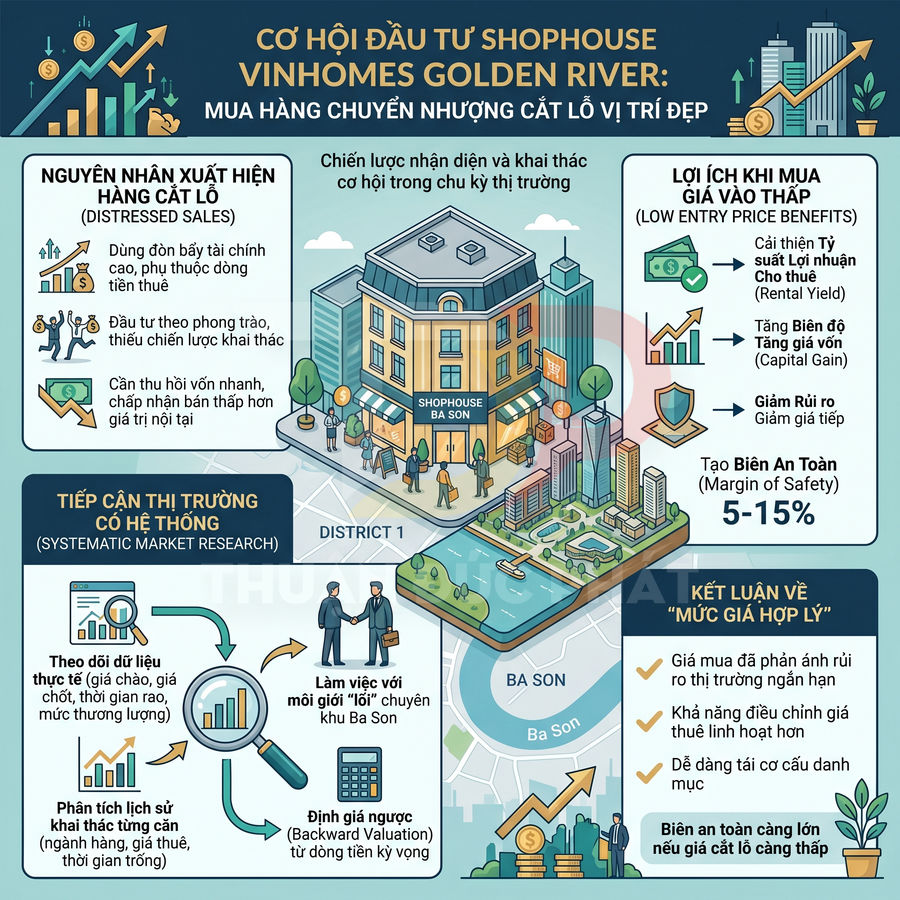Infographic cơ hội đầu tư shophouse Vinhomes Golden River Ba Son với lợi ích mua giá thấp và phân tích thị trường
