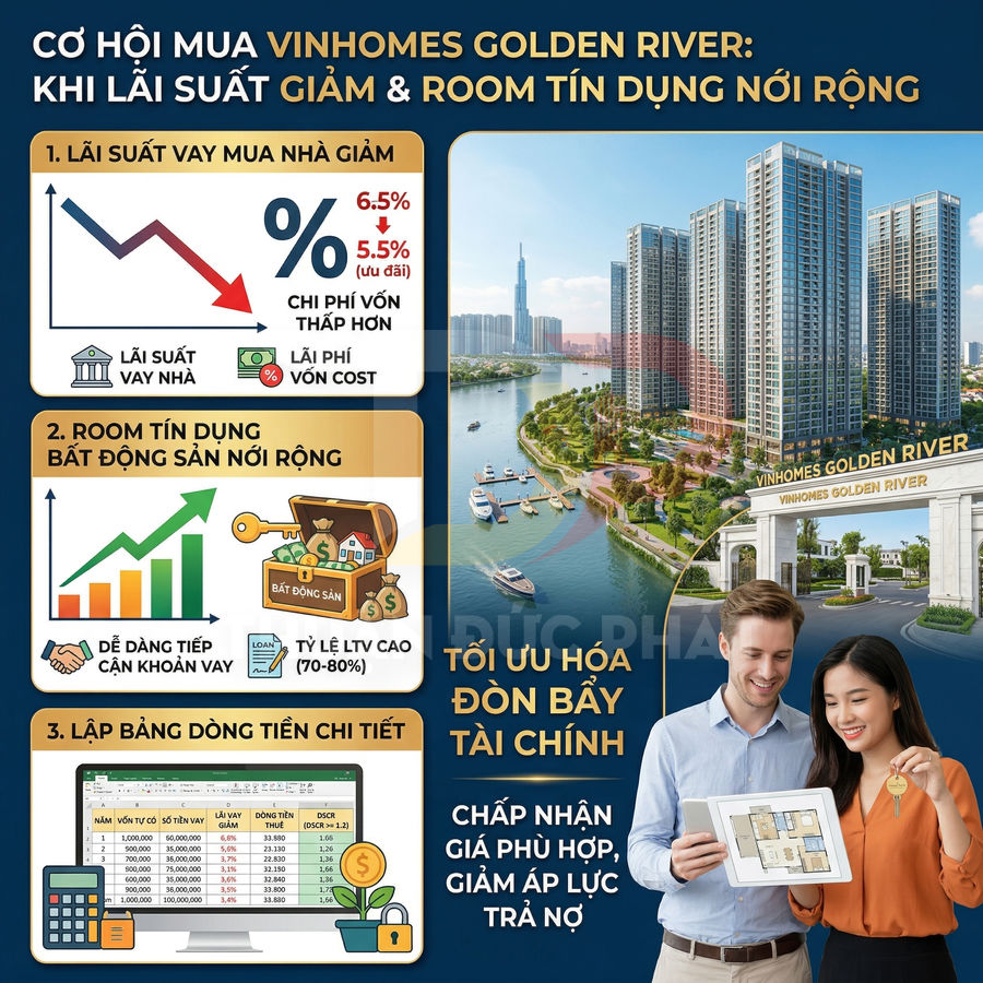 Infographic giới thiệu cơ hội mua căn hộ Vinhomes Golden River với lãi suất vay giảm và ưu đãi tài chính