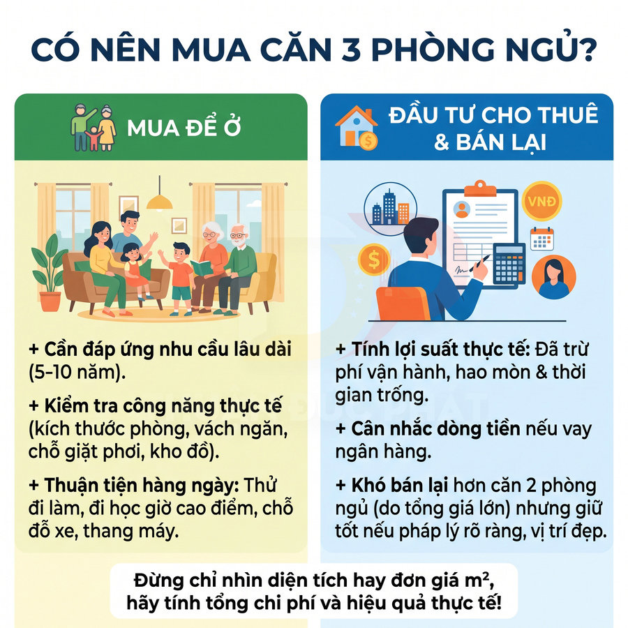 Căn hộ 3 phòng ngủ: cân nhắc nhu cầu ở lâu dài, lợi suất cho thuê, dòng tiền và khả năng bán lại.
