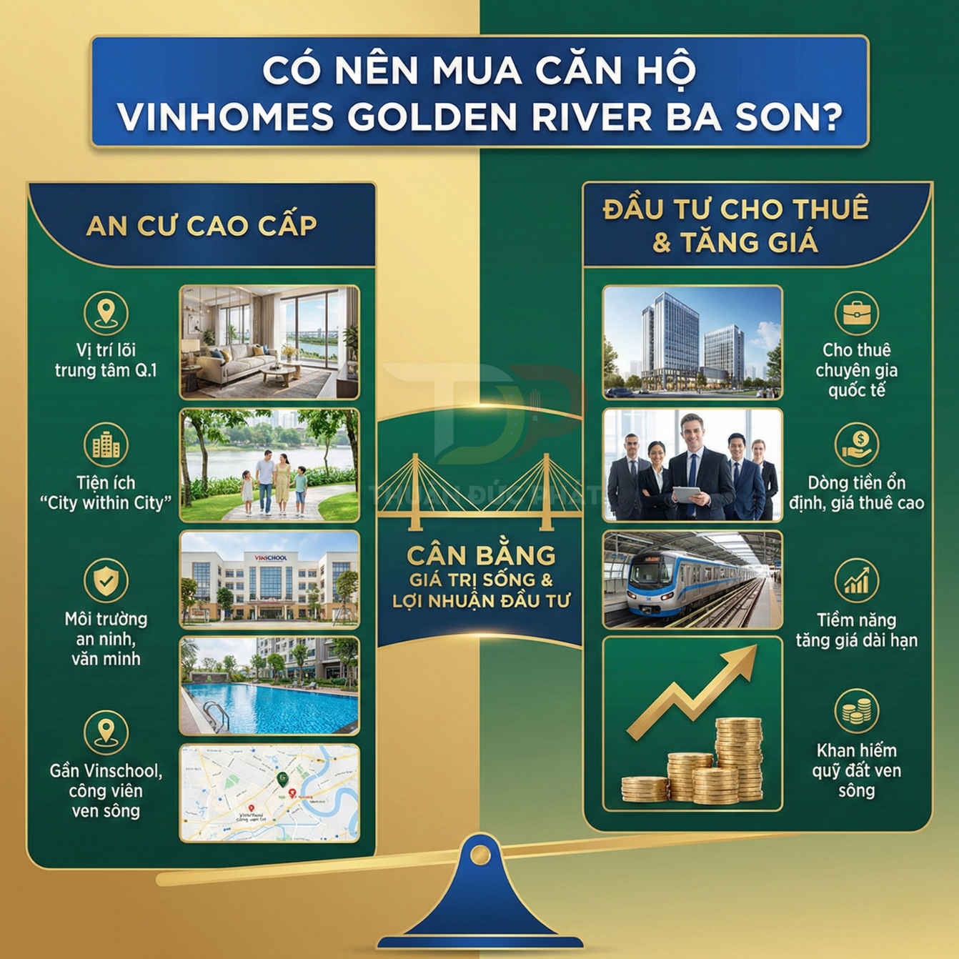 Infographic lợi ích mua căn hộ Vinhomes Golden River Ba Son cho an cư cao cấp và đầu tư cho thuê tăng giá