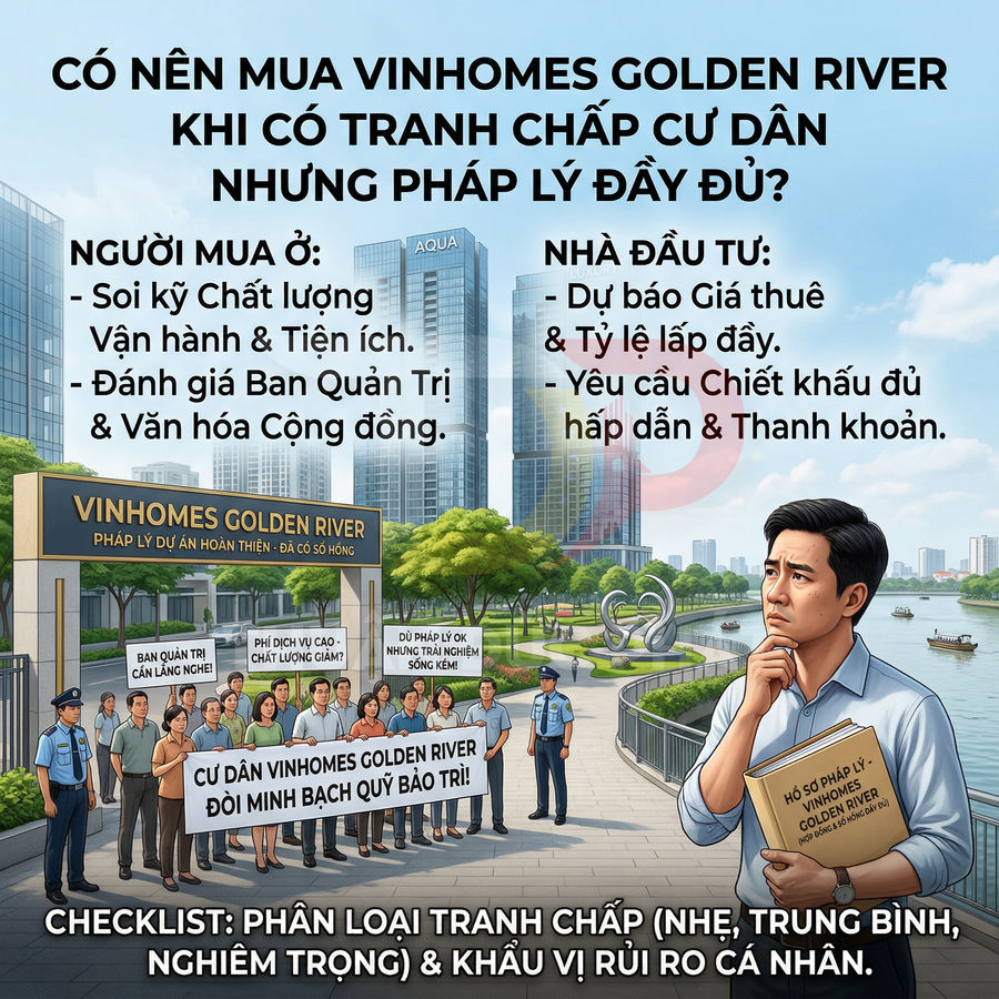 Hình minh họa tranh chấp cư dân tại dự án căn hộ Vinhomes Golden River và người mua đang cân nhắc hồ sơ pháp lý