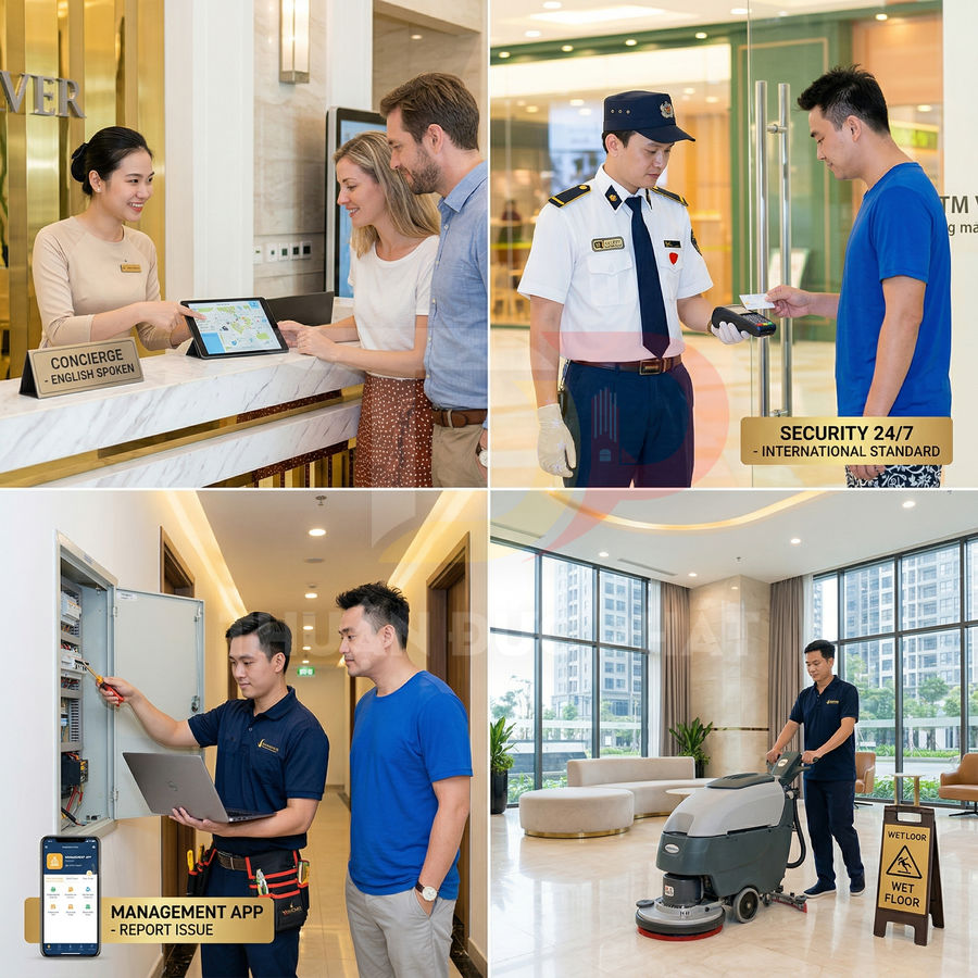 Dịch vụ quản lý tòa nhà với lễ tân, bảo vệ 24/7, kỹ thuật bảo trì, vệ sinh sàn và ứng dụng quản lý trên điện thoại