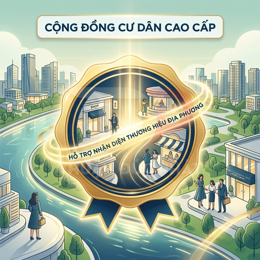 Hình minh họa cộng đồng cư dân cao cấp với huy hiệu hỗ trợ nhận diện thương hiệu địa phương và các cửa hàng dịch vụ
