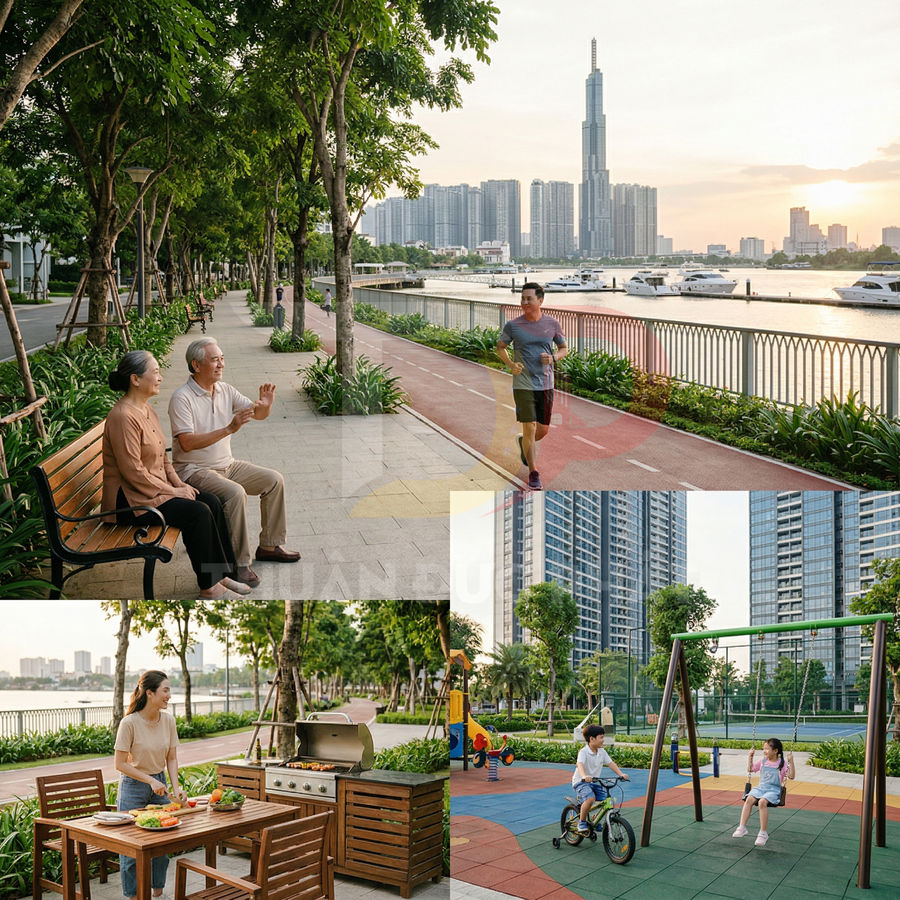 Tiện ích nội khu chung cư cao cấp ven sông với đường chạy bộ, khu nướng BBQ và sân chơi trẻ em