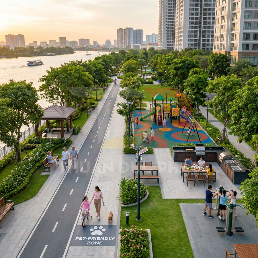 Công viên ven sông trong khu căn hộ cao tầng với đường dạo bộ, sân chơi trẻ em và khu vực nướng BBQ ngoài trời