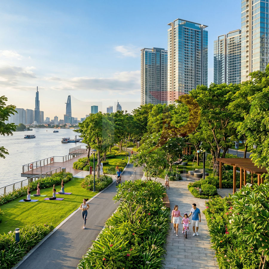Công viên ven sông xanh mát với lối đi bộ, người tập thể dục và khu căn hộ cao tầng hiện đại phía sau