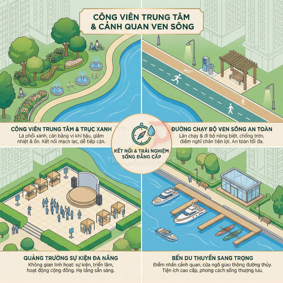 Mô phỏng công viên trung tâm ven sông với đường chạy bộ, quảng trường sự kiện và bến du thuyền hiện đại