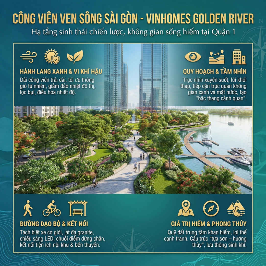 Công viên ven sông Sài Gòn Vinhomes Golden River với lối dạo bộ, cây xanh và bến du thuyền hiện đại
