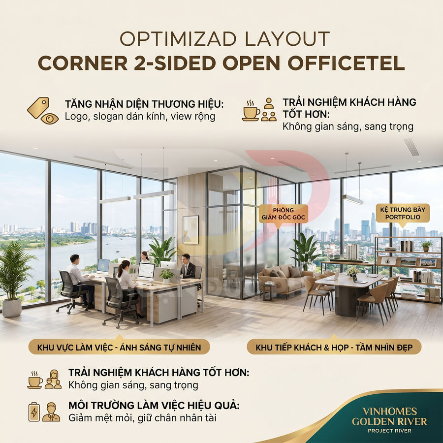 Văn phòng officetel góc hai mặt thoáng Vinhomes Golden River với không gian làm việc và tiếp khách sang trọng, nhiều ánh sáng tự nhiên