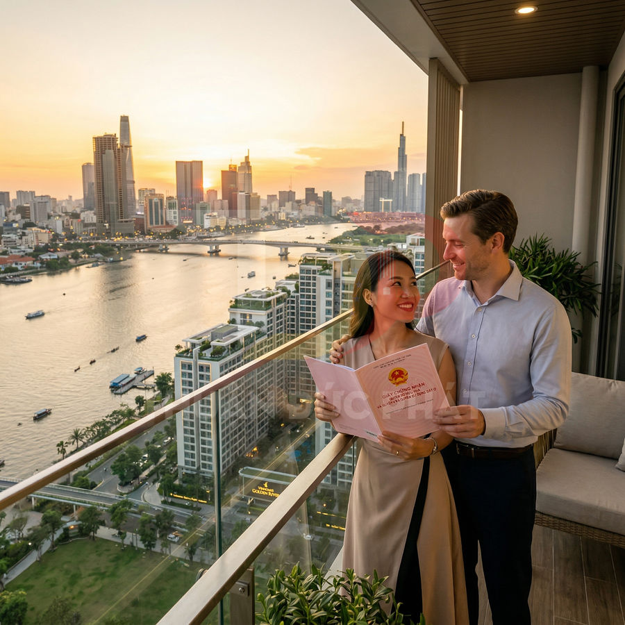 Cặp đôi đứng trên ban công căn hộ cao cấp view sông và thành phố, cầm sổ hồng nhà đất Việt Nam