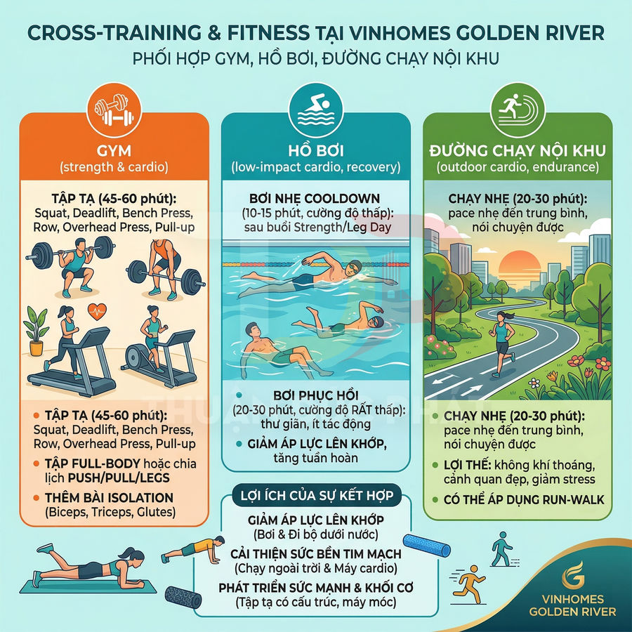 Infographic hướng dẫn tập cross training kết hợp gym, bơi lội và chạy bộ tại Vinhomes Golden River