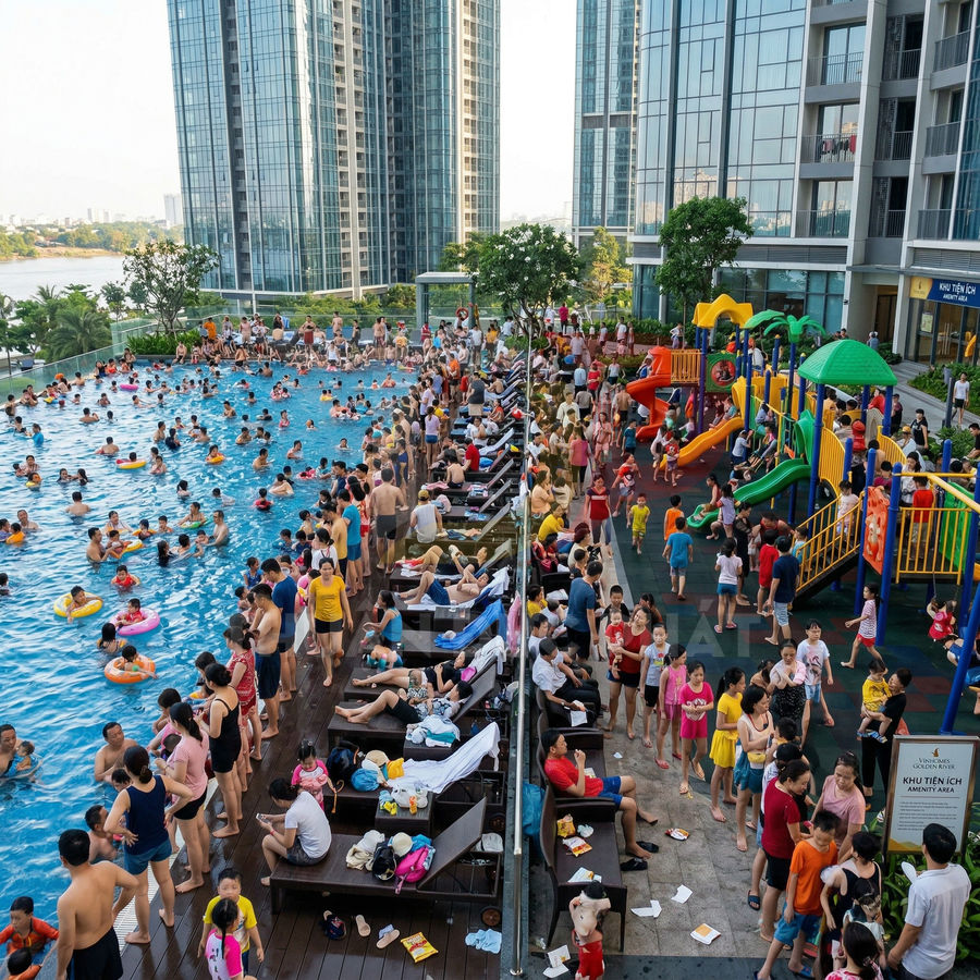 Hồ bơi và khu vui chơi trẻ em đông đúc tại khu căn hộ cao tầng hiện đại