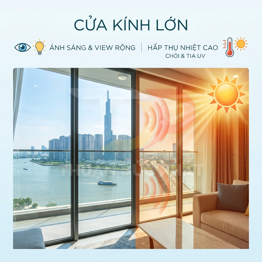 Cửa kính lớn phòng khách view sông và thành phố, đón nhiều ánh sáng nhưng hấp thụ nhiệt cao và tia UV