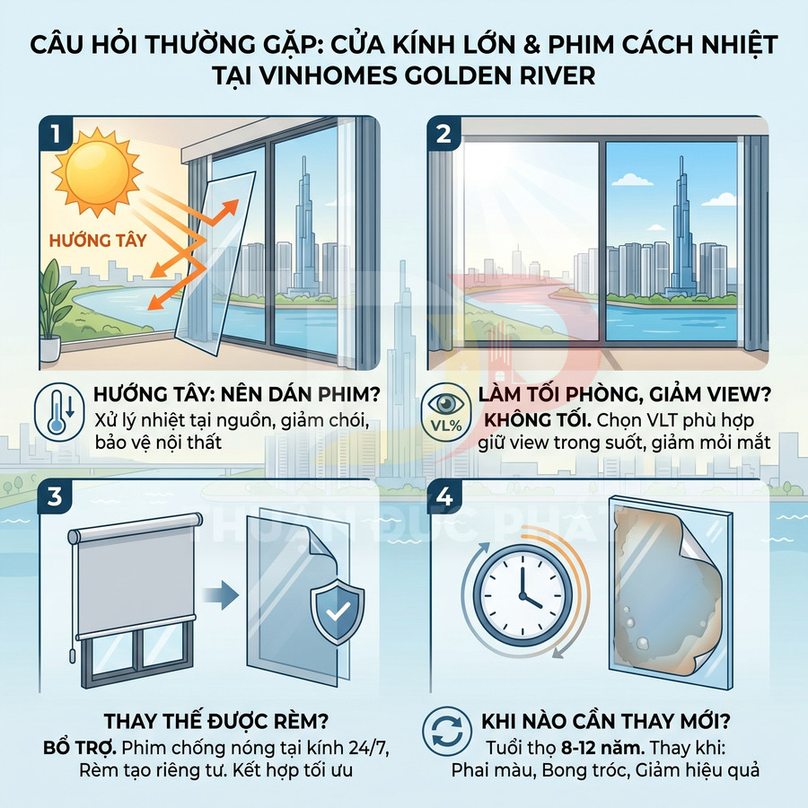 Infographic tư vấn dán phim cách nhiệt cho cửa kính lớn căn hộ Vinhomes Golden River hướng tây