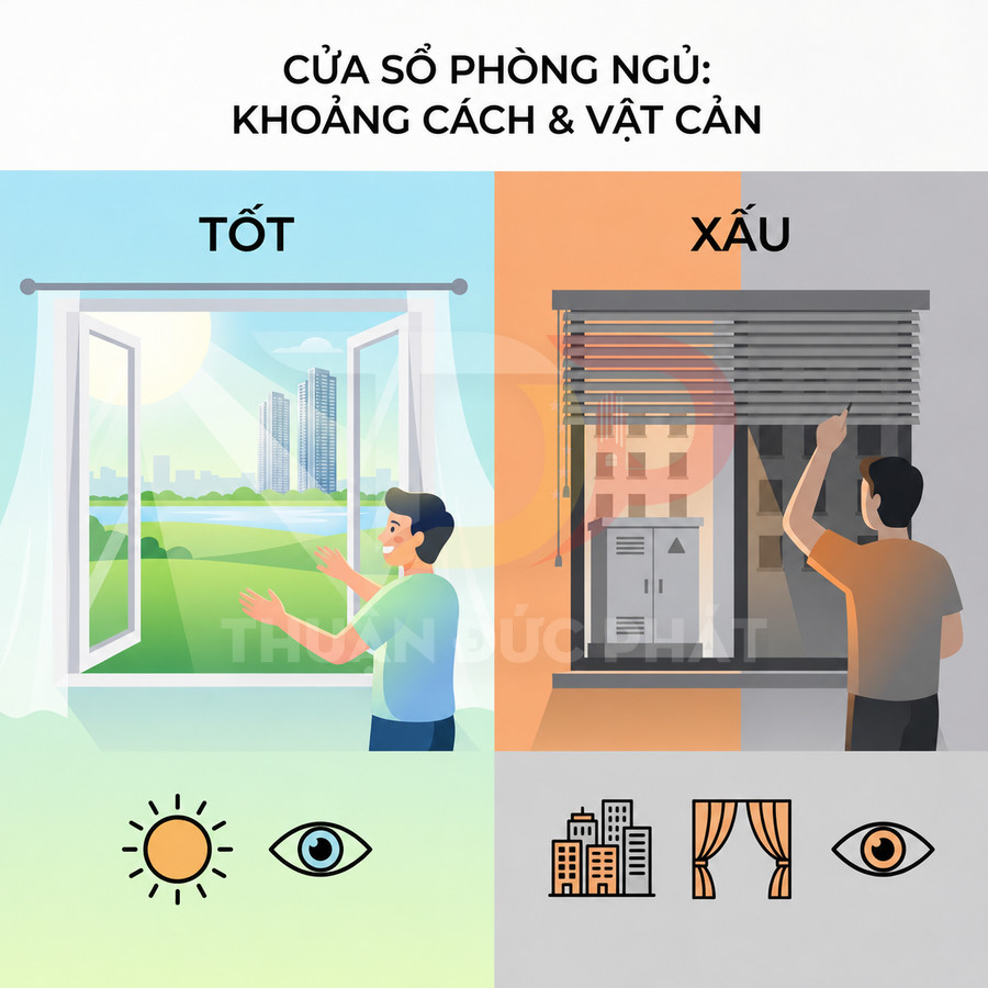 Minh họa so sánh cửa sổ phòng ngủ tốt thoáng sáng và cửa sổ xấu bị che khuất bởi tòa nhà và vật cản