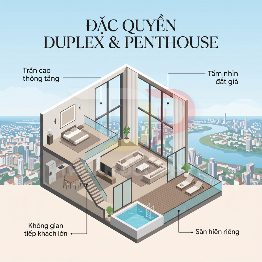Căn hộ duplex penthouse sang trọng trần cao, phòng khách lớn, sân hiên riêng có hồ bơi và tầm nhìn toàn cảnh thành phố
