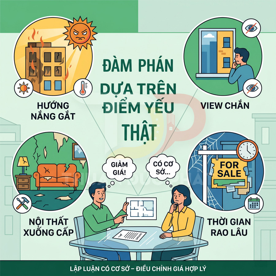 Infographic đàm phán giá bất động sản dựa trên điểm yếu thật như hướng nắng gắt, view chắn, nội thất xuống cấp, rao bán lâu
