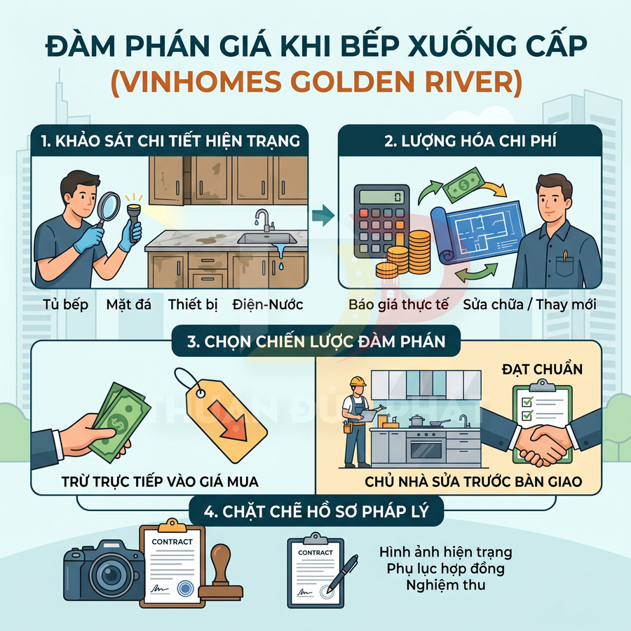 Quy trình đàm phán giá khi bếp căn hộ Vinhomes Golden River xuống cấp với khảo sát, báo giá và sửa chữa