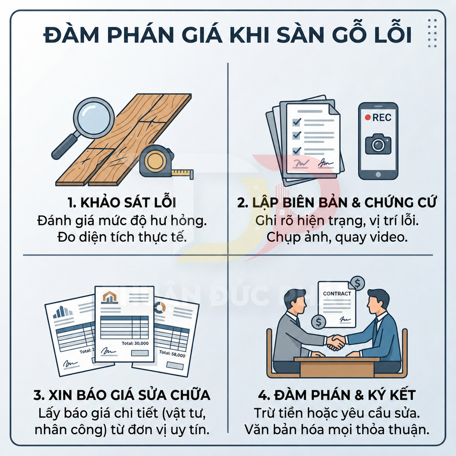 Quy trình đàm phán giá khi sàn gỗ lỗi với 4 bước khảo sát, lập chứng cứ, xin báo giá và ký kết sửa chữa