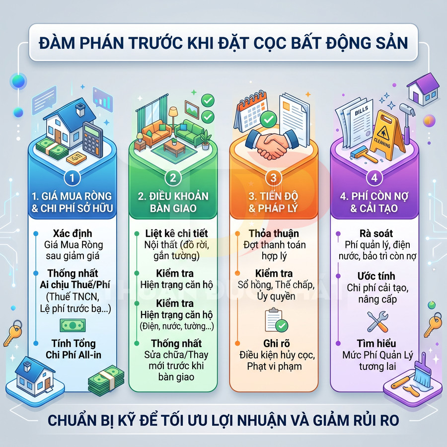 Infographic các bước đàm phán trước khi đặt cọc mua bất động sản để tối ưu lợi nhuận và giảm rủi ro